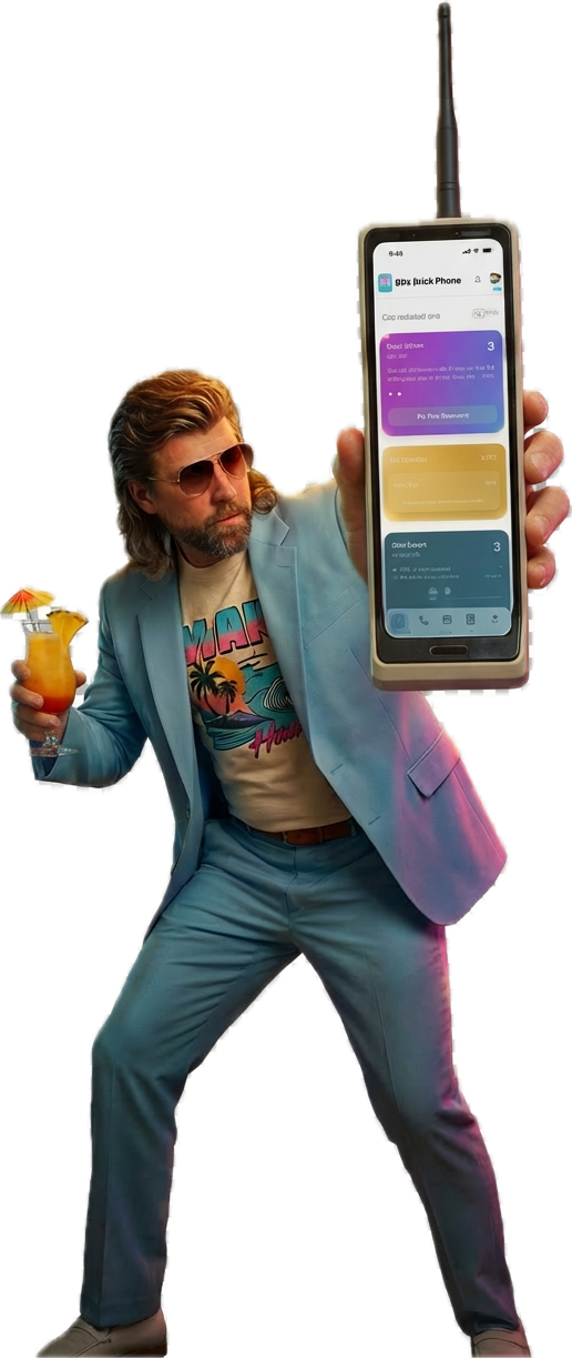 Boss Man showing off the app on his retro phone