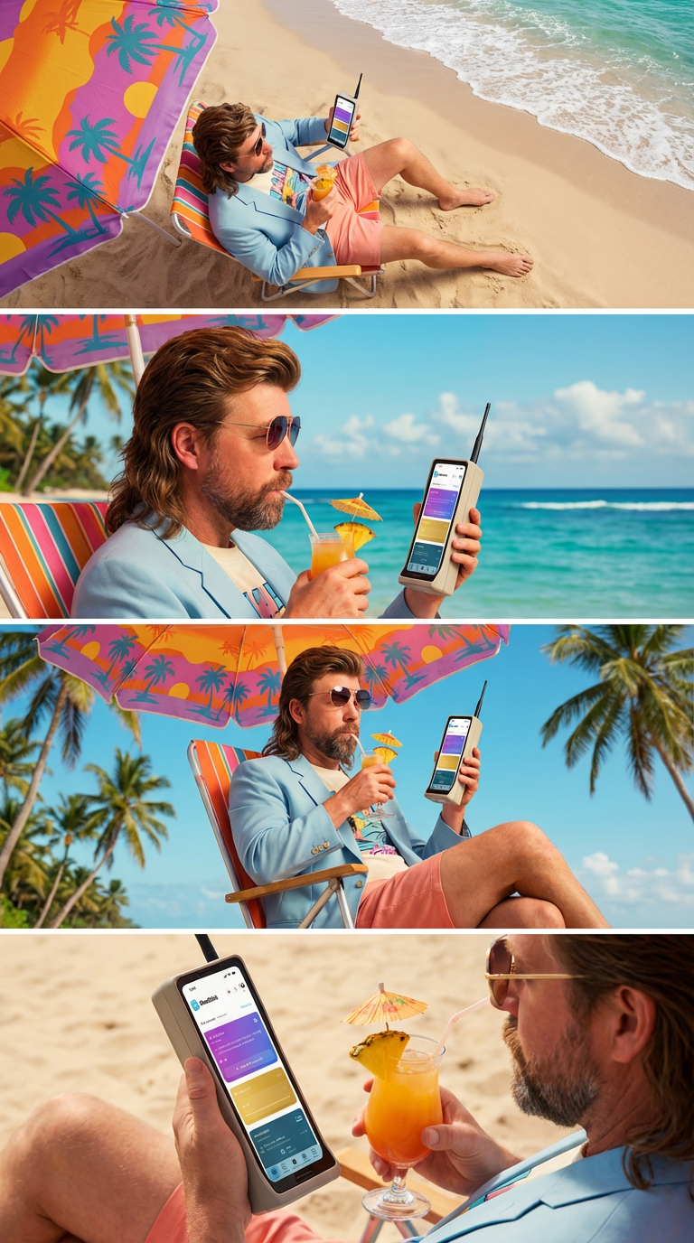 Close-up of Boss Man using the app at the beach