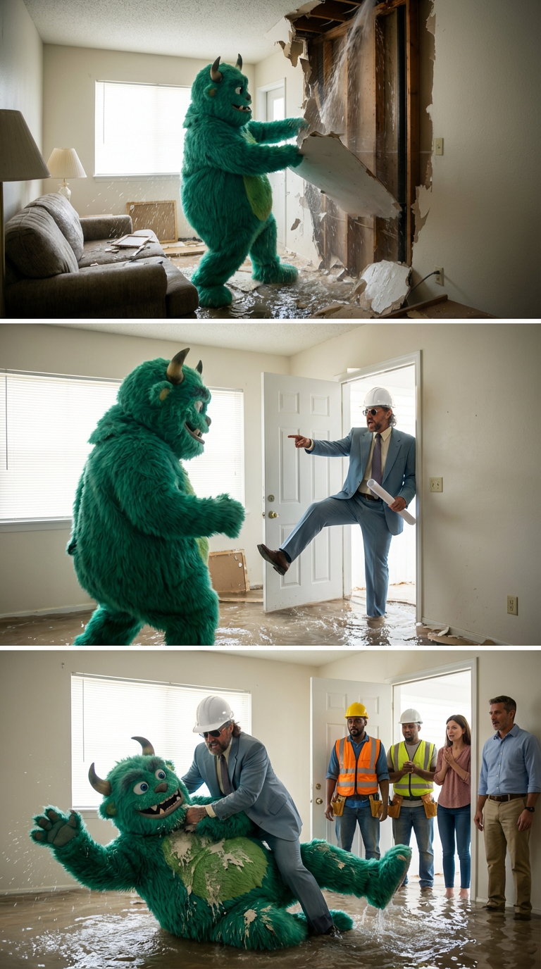 Boss Man vs. the Job Site Monster — a 3-panel story of demolition, confrontation, and victory